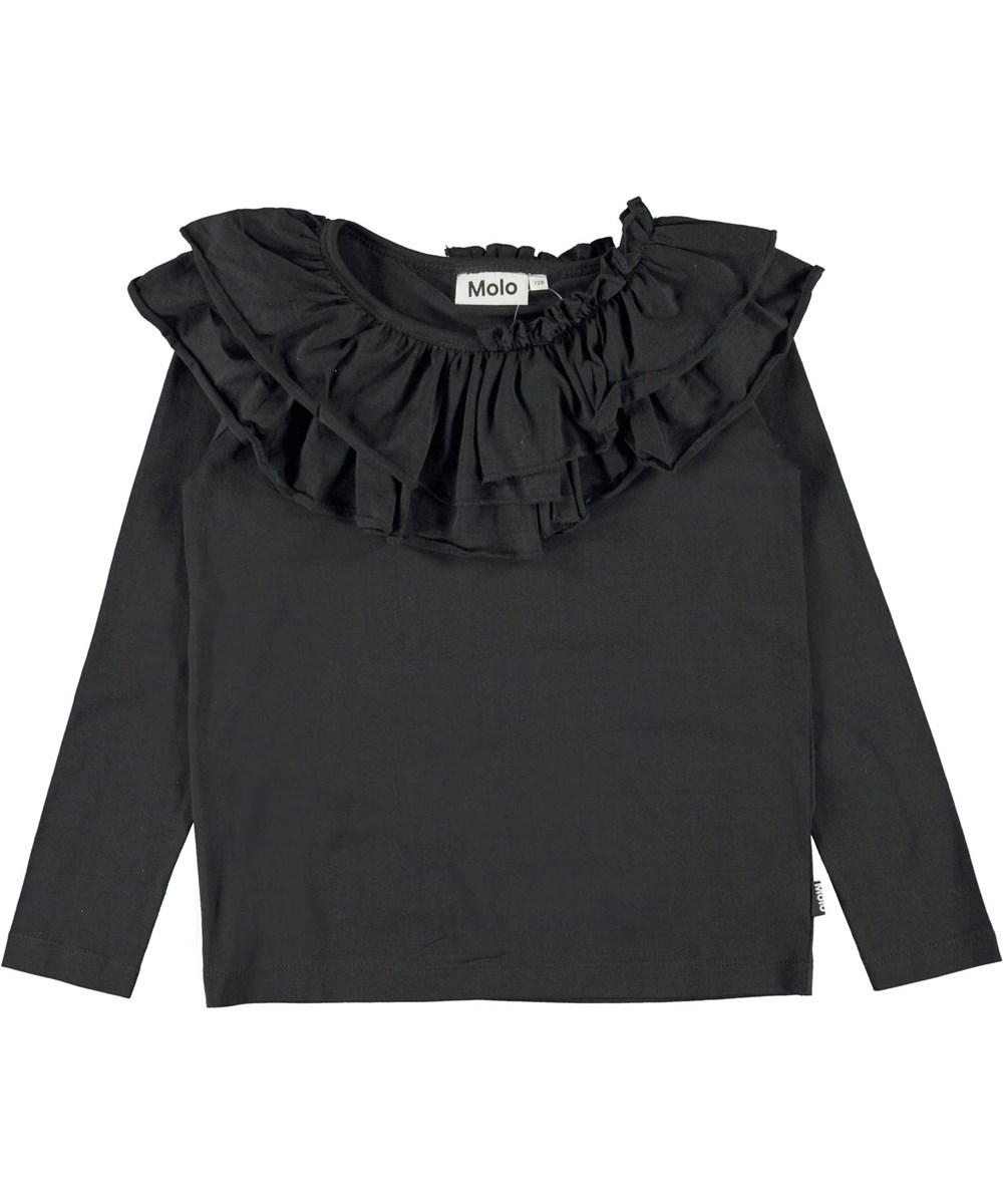 Rosamond - Black - Zwarte biologische shirt met een ruche kraag