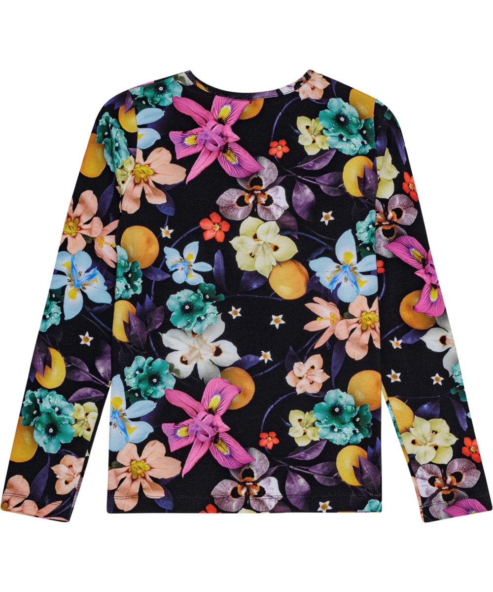 Rose - Garden Of Plenty - Aansluitende zwarte longsleeve met levendige bloemenprint.