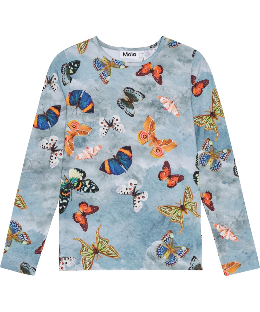 Rose - Les Papillons - Blauwe biologisch katoenen longsleeve met vlinderprint.