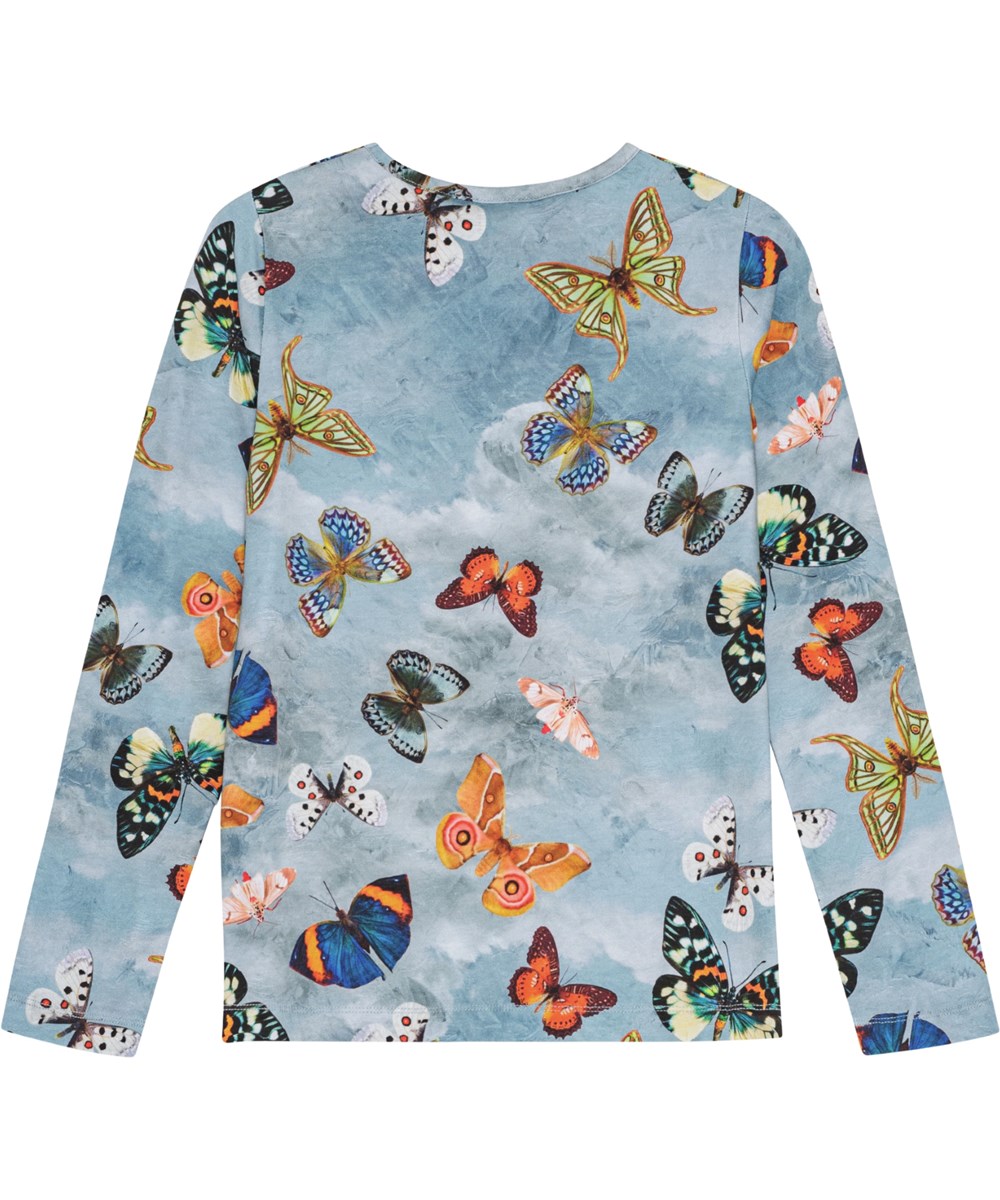 Rose - Les Papillons - Blauwe biologisch katoenen longsleeve met vlinderprint.