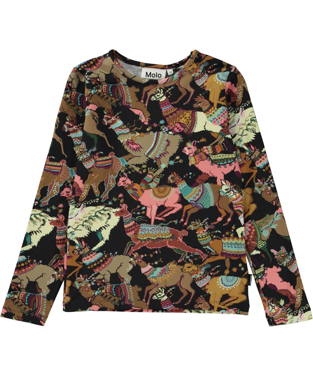 Rose - Lhama Joy Jersey - Zwarte biologische longsleeve met lamaprint