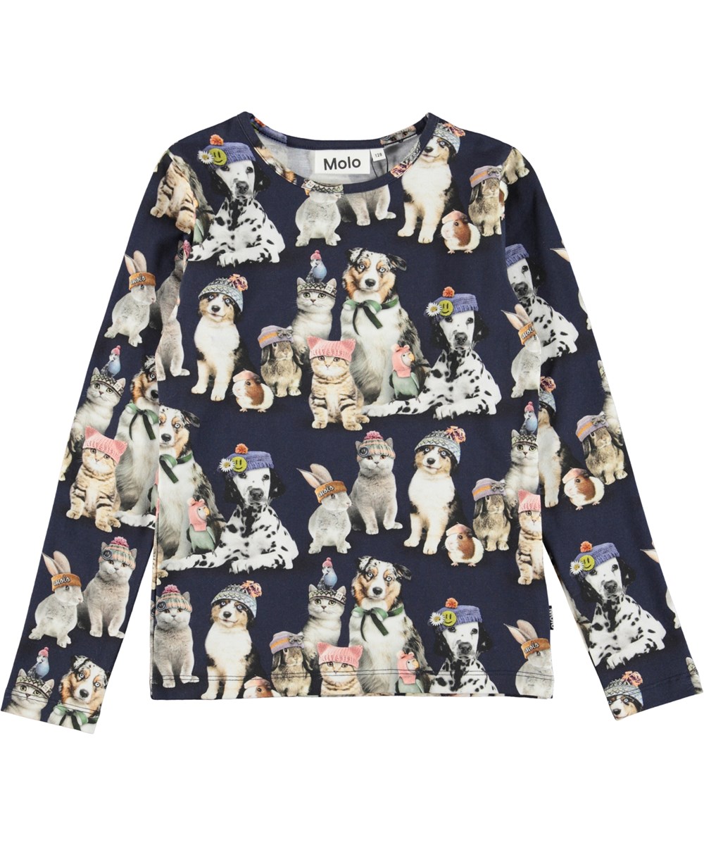 Rose - Snow Ready - Blauwe biologische longsleeve met dierenprint