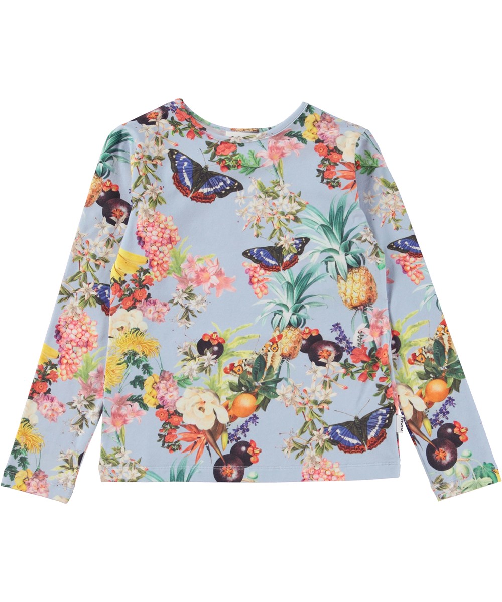 Rose - Tropical Fruits - Biologische top met lange mouwen en tropische fruit en bloemenprint