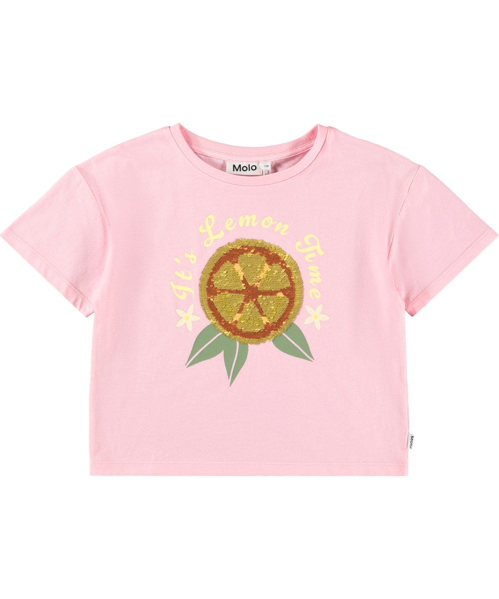 Roseanna - Happy Lemon - Roze, oversized T-shirt voor kinderen gemaakt van biologisch katoen met omkeerbare paillettenafbeelding