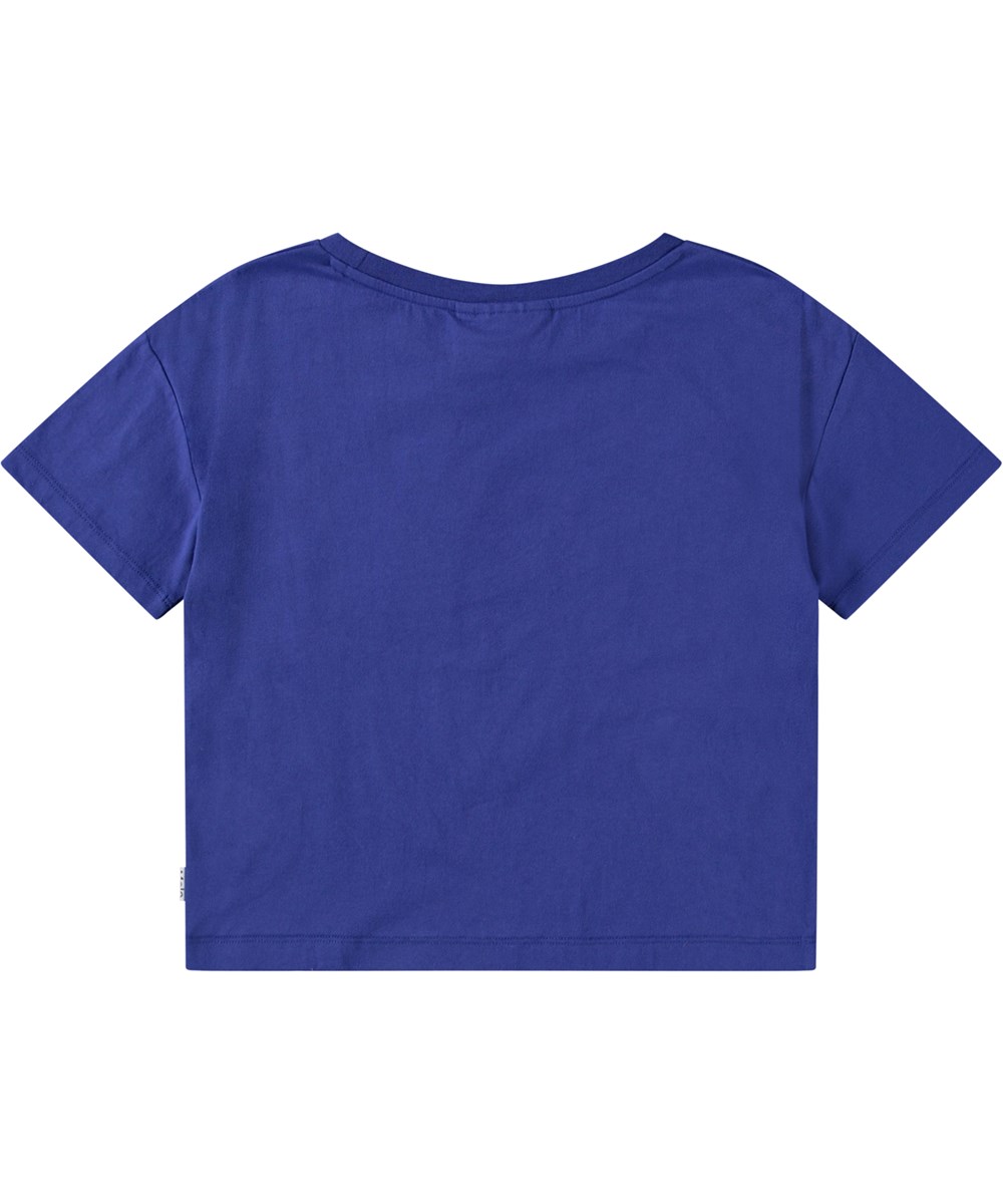 Roseanna - Sparkling Fruit - Oversized donkerblauwe kinder t-shirt van biologisch katoen met ribboord rond de hals.