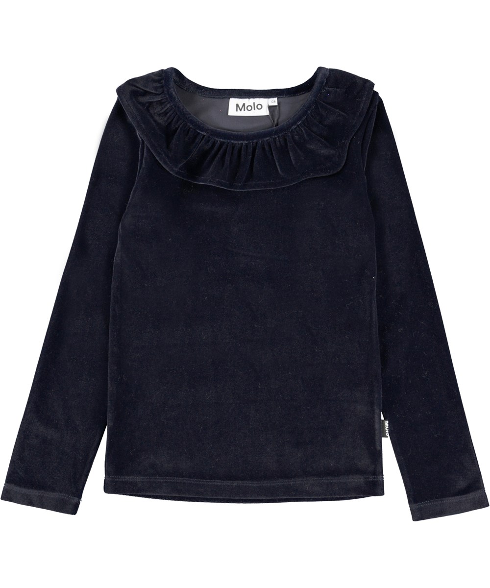Rozlynn - Warm Blue - Blauwe fluwelen top met ruches kraag