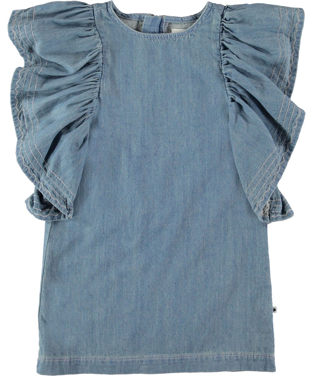 Candis - Washed Denim Blue - Denim dress with ruffle sleeves.
