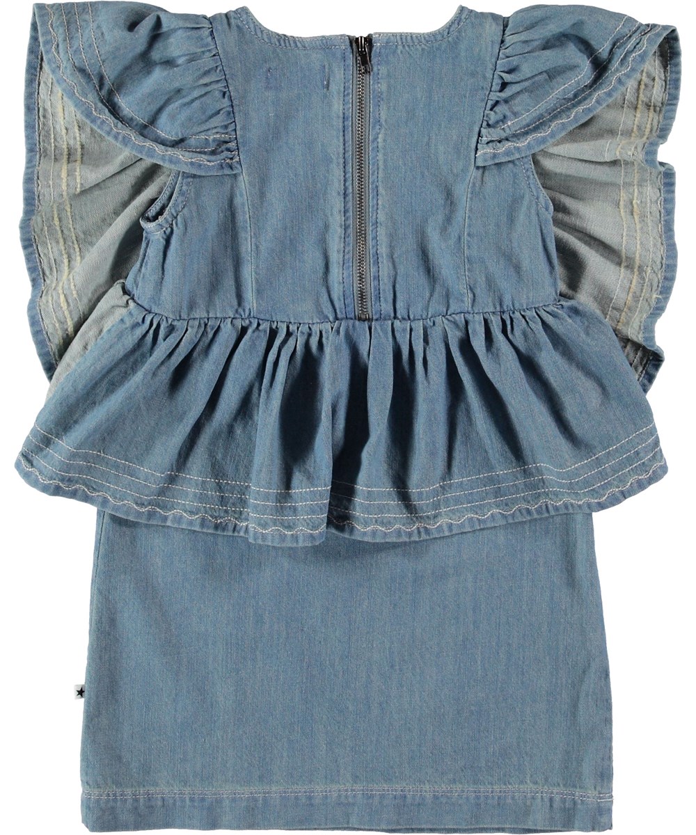 Candis - Washed Denim Blue - Denim dress with ruffle sleeves.