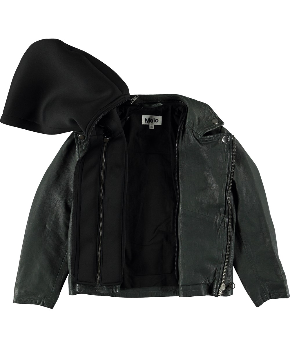 Holtti - Pine Green - Dark green leather jacket with hood.  