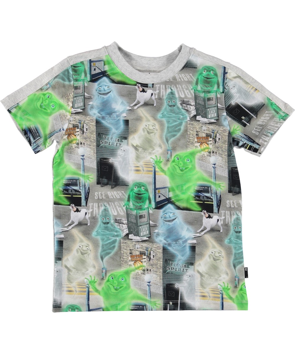 Rishi - Ghost City - Grey t-shirt with green ghosts.