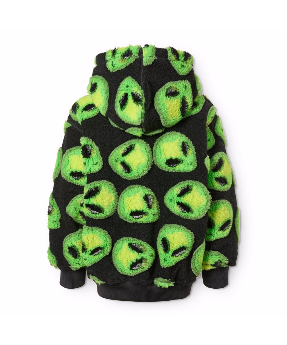 Hazzy - Alien Puff - Schwarze Fleecejacke für Kinder aus recyceltem Polyester mit neon-grünen Alien-Gesichtern.