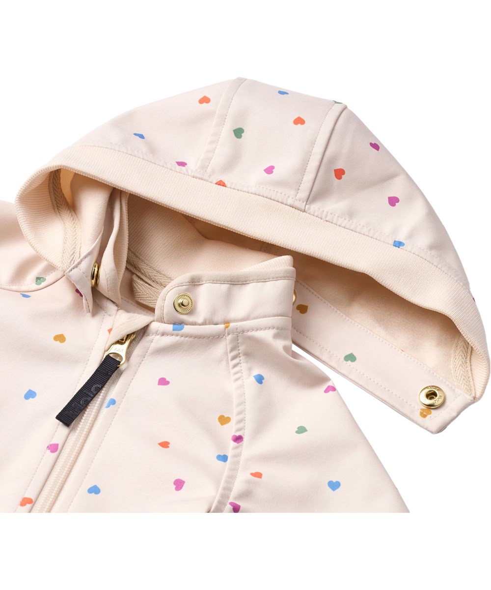 Hill - Confetti_Rainbow - Beigefarbene, wasserabweisende Thermojacke aus recyceltem Nylon mit Regenbogendruck für Kinder