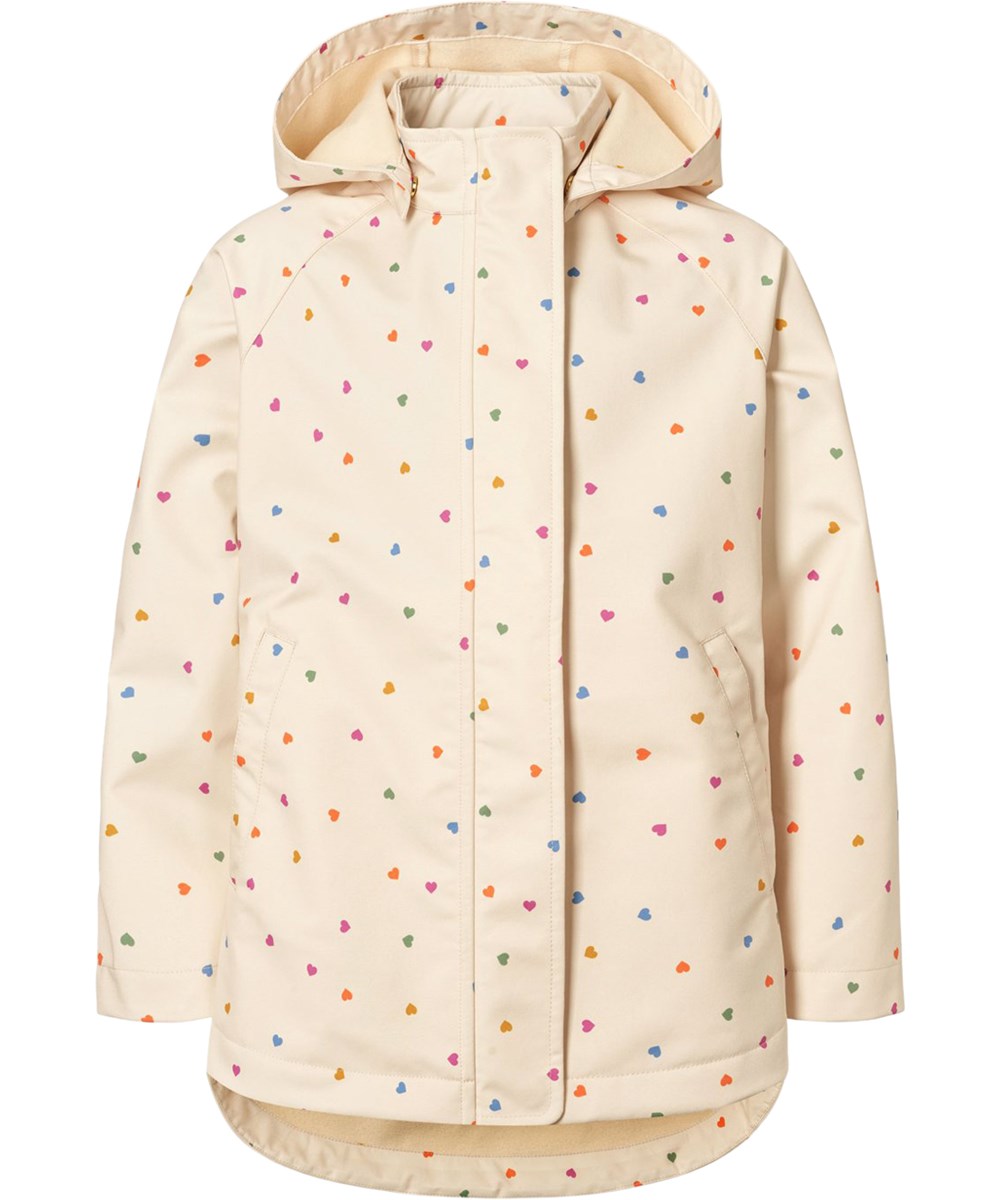Hillary - Confetti_Rainbow - Wind- und wasserabweisende Jacke für Kinder aus recyceltem Polyester mit Fleecefutter und einem Herzmuster in Regenbogenfarben.