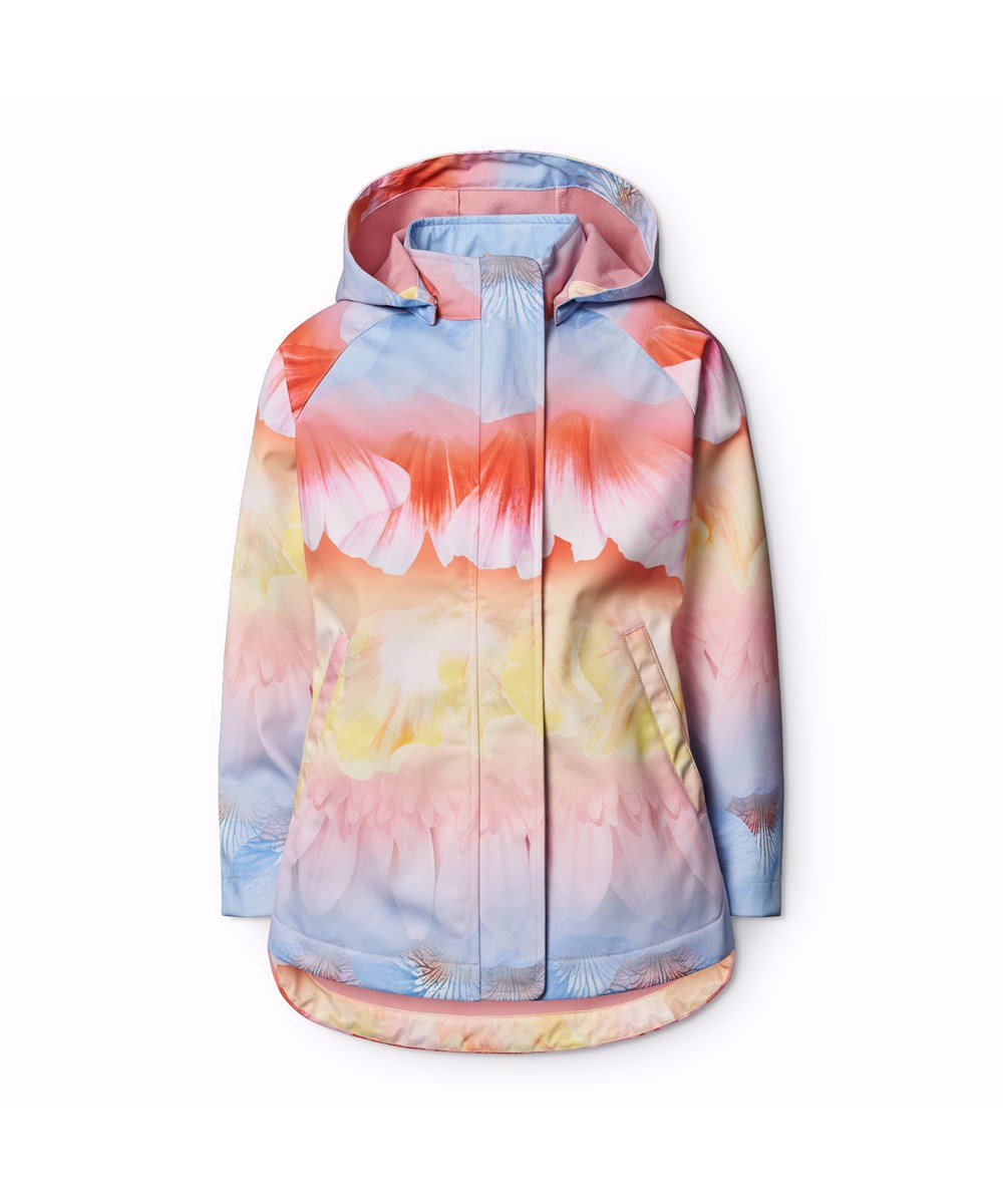 Hillary - Faded Petals - Pinkfarbene wind- und wasserabweisende Softshell-Jacke aus recyceltem Polyester mit einem bunten Druck von verblassten Blütenblättern.