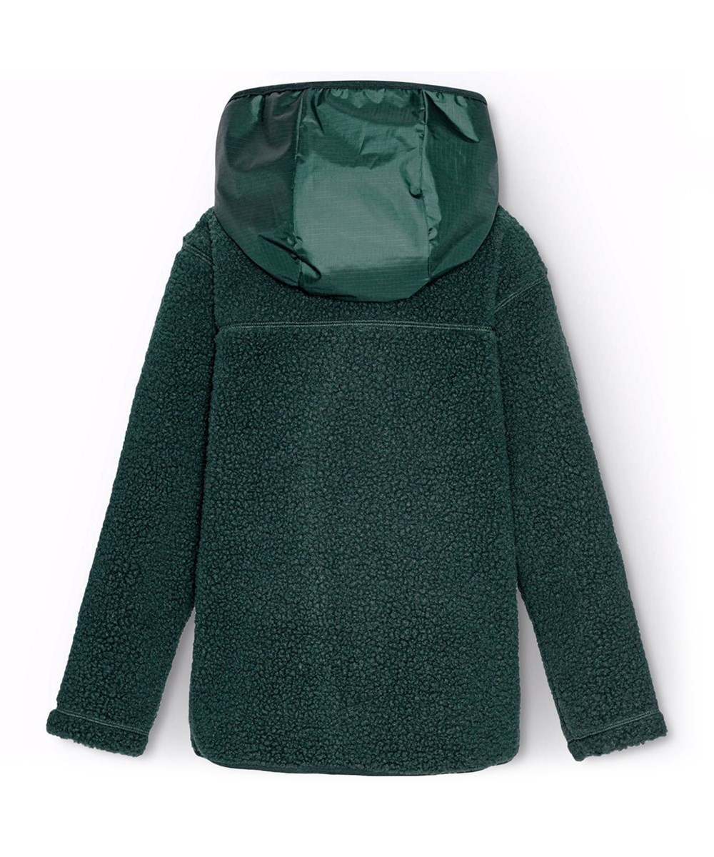 Uberto - Ponderosa Pine - Grüne Fleecejacke für Kinder mit einem Reißverschluss vorne, einer Kapuze und großen Taschen auf der Vorderseite.
