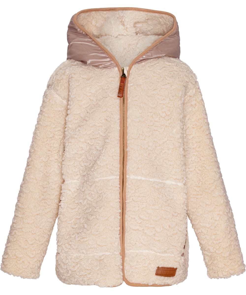 Uberto - White Noise - Off-weiße und pinke Fleecejacke für Kinder mit einem vorderen Reißverschluss, Kapuze und großen Vordertaschen.