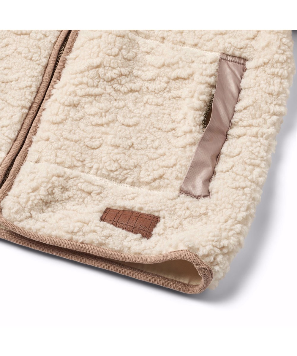 Uberto - White Noise - Off-weiße und pinke Fleecejacke für Kinder mit einem vorderen Reißverschluss, Kapuze und großen Vordertaschen.