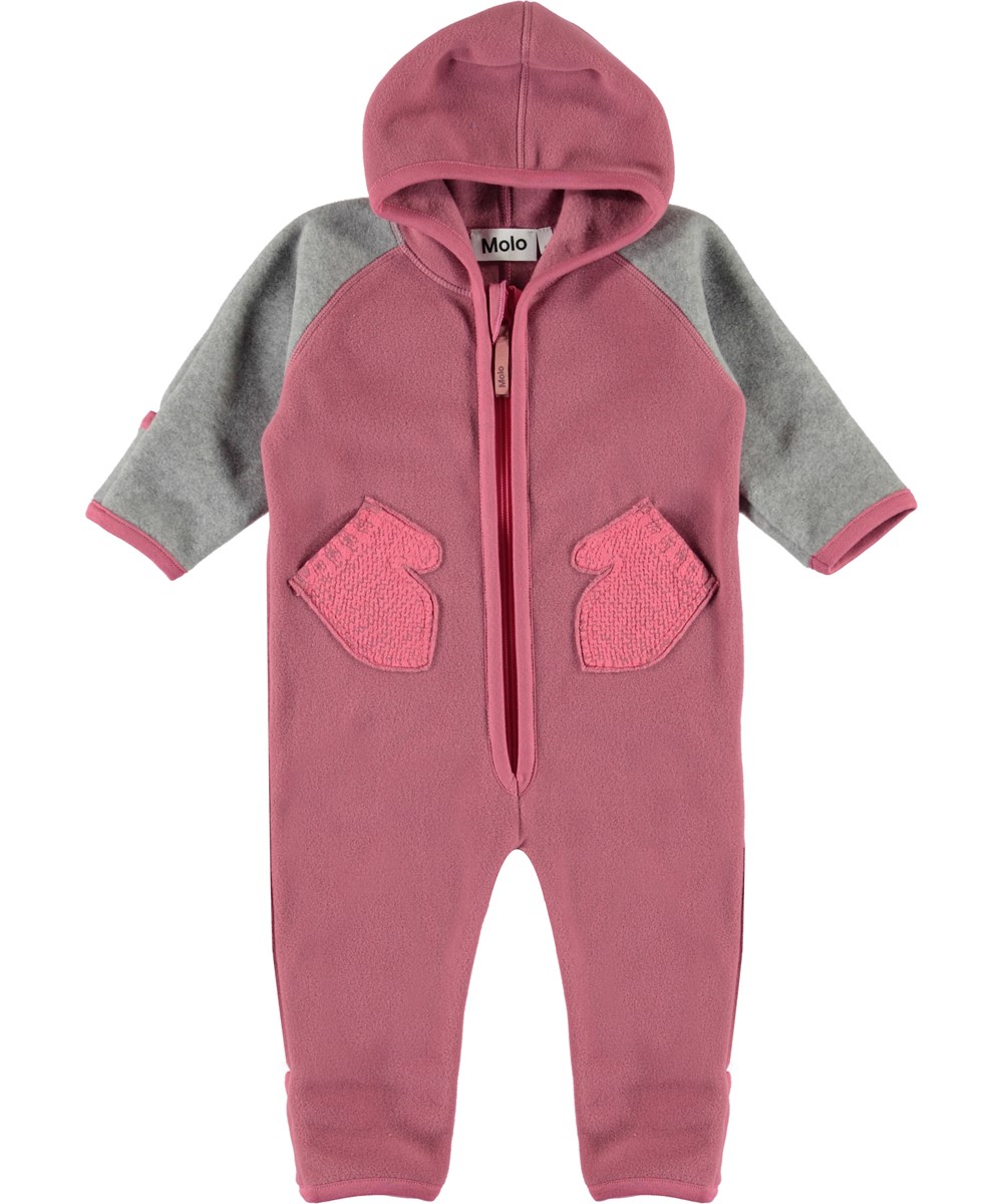 Udo - Withered Rose - Rosa und grauer Baby Fleeceanzug mit Handschuhen