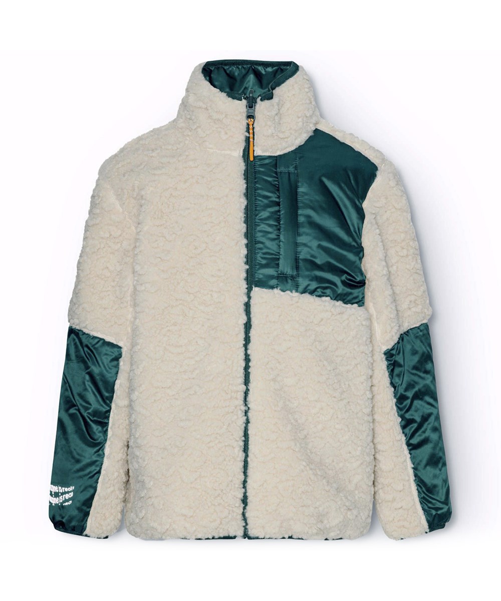 Ugo - Ponderosa Pine - Wendbare Fleecejacke für Kinder in dunkelgrün und off-weiß.