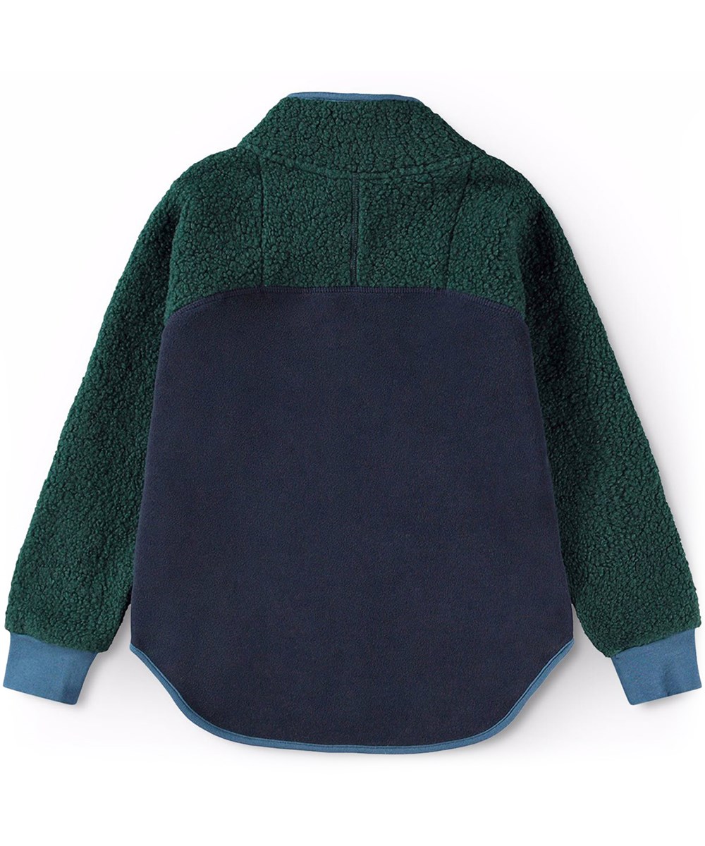 Ulani - Dark Night - Dunkelblaue und grüne Fleecejacke für Kinder mit blauen Details.