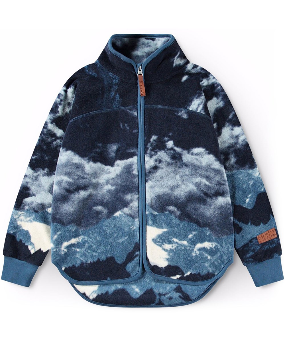 Ulani - Mountain Polar - Dunkelblaue Fleecejacke für Kinder mit einem Platzierungsdruck, Reißverschluss vorne, einer einzigen Seitentasche und gerippten Bündchen an den Ärmeln.