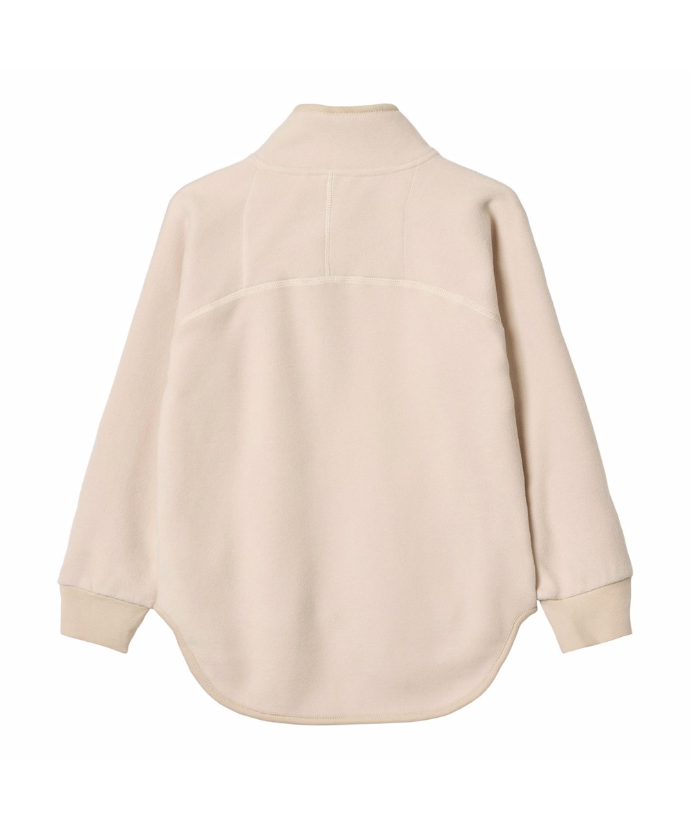 Ulani - Vanilla - Off-White Fleecejacke für Kinder aus recyceltem Polyester mit passenden gerippten Abschlüssen und einer vorderen Tasche.