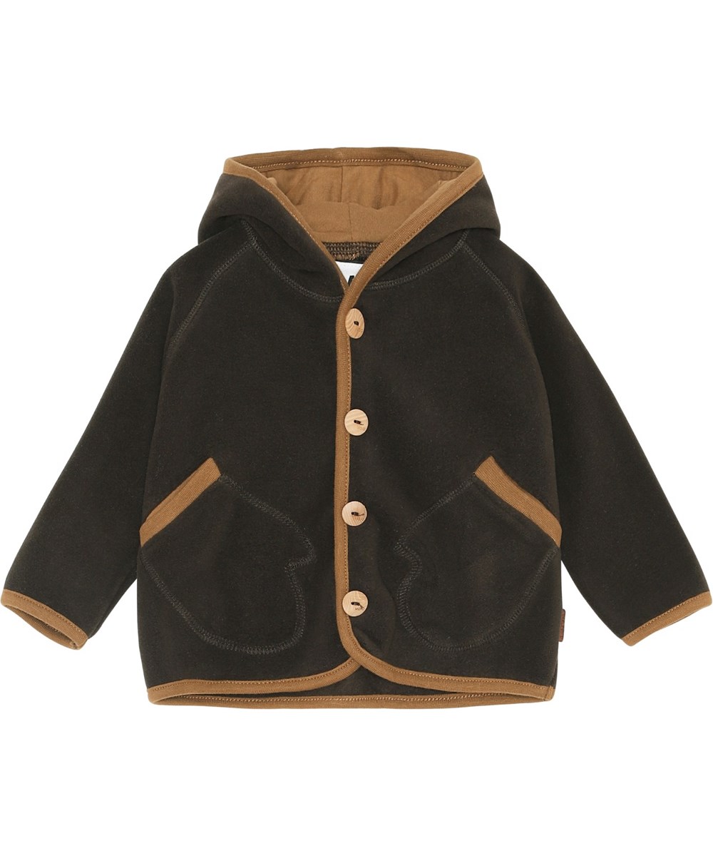 Uli - Deep Oak - Dunkelbraune, recycelte Baby-Fleecejacke mit Kapuze.