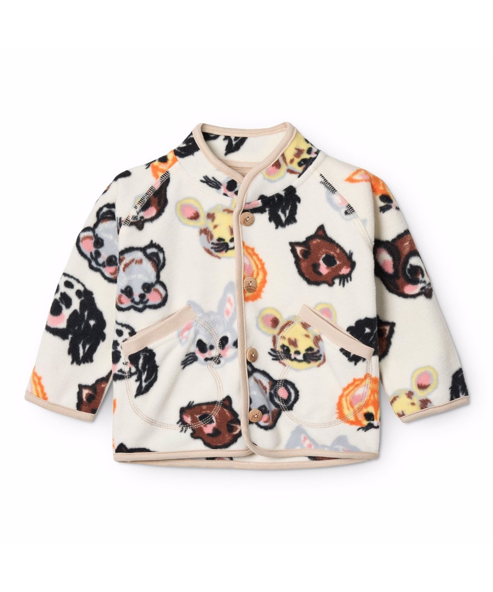 Uli - Itty Bitty Vanilla - Weiße Fleecejacke für die Kleinen aus recyceltem Polyester mit einem Druck von bunten Tieren aus alten Cartoons.
