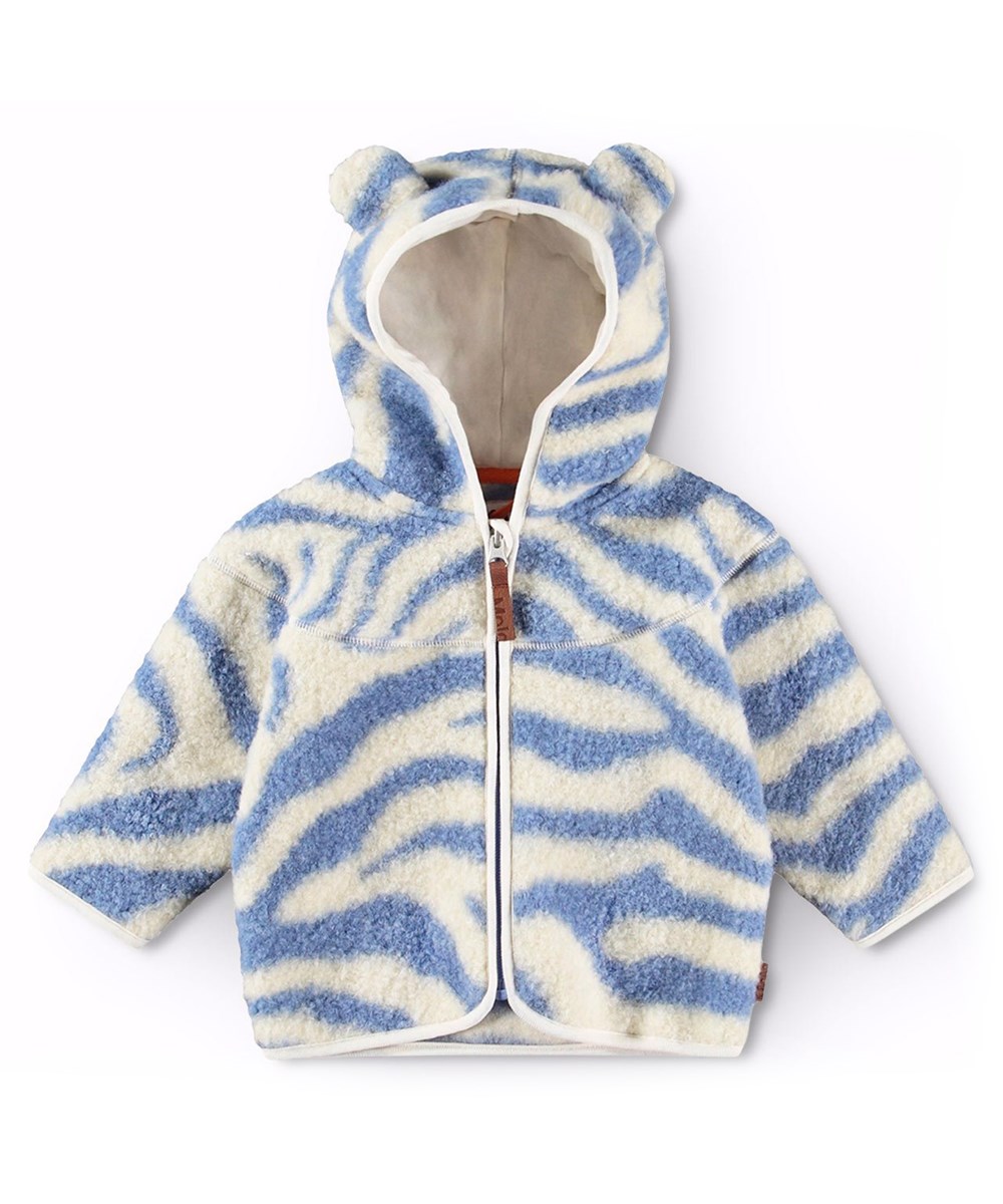 Ummi - Zebra Blue - Lavendelblaue, zebragemusterte Fleecejacke für Babys und Kleinkinder.