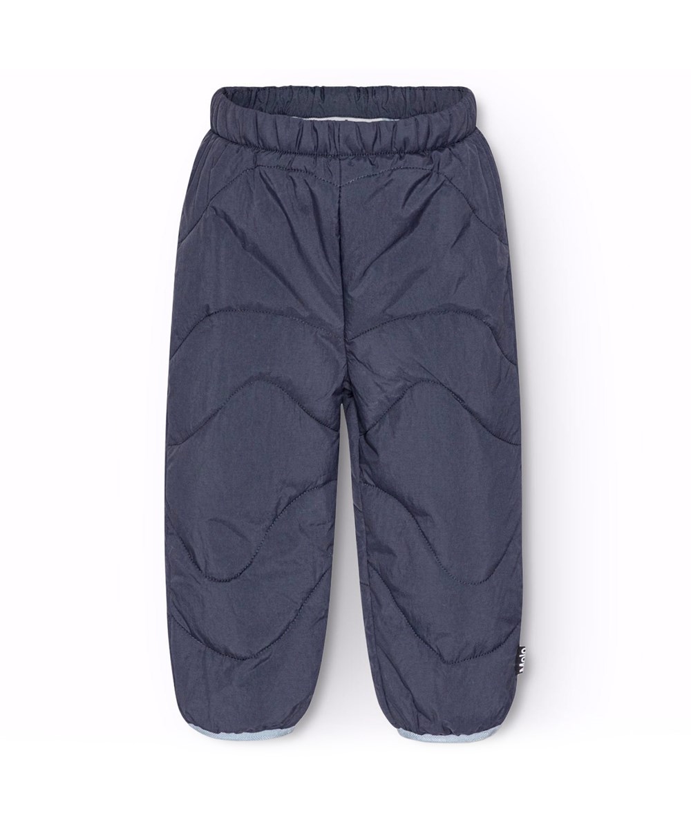 Percy - Dark Night - Wasserabweisende dunkelblaue Thermohosen für Babys und Kleinkinder mit hellblauem Besatz.