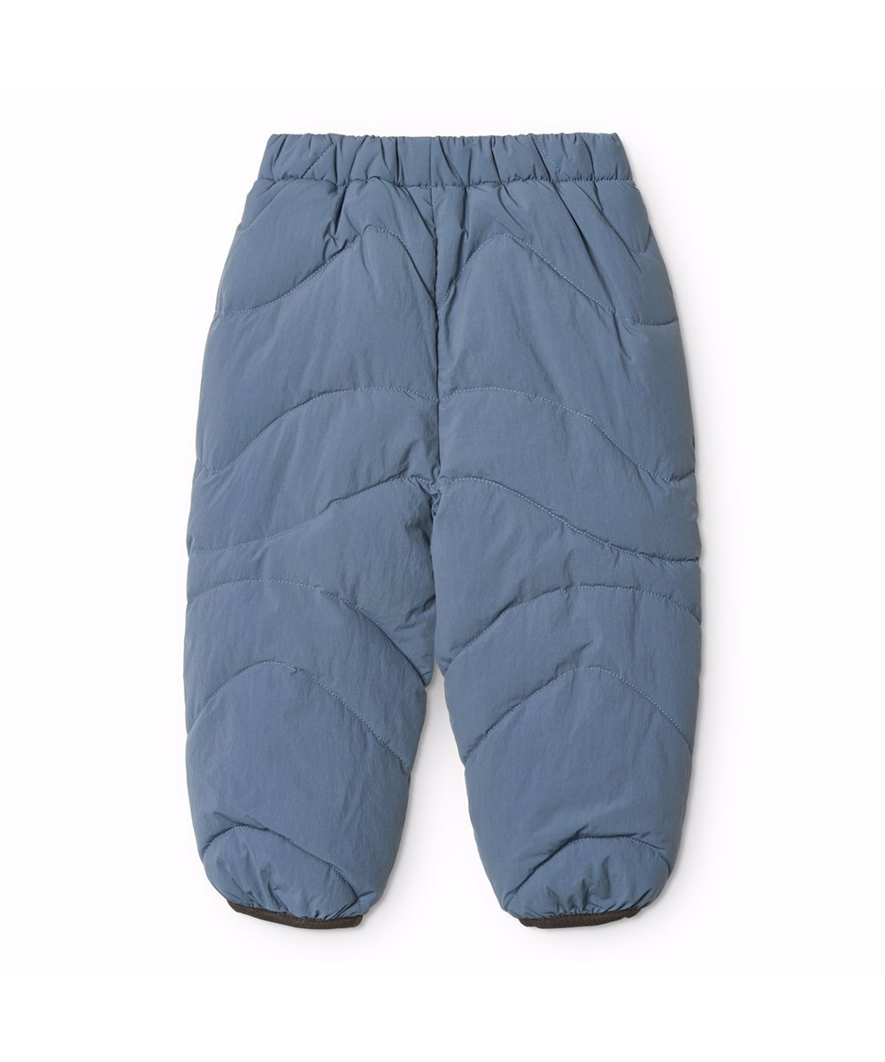 Percy - Evening Sky - Wasserabweisende dunkelblaue Thermohosen für die Kleinen aus recyceltem Polyester mit braunen Kanten.