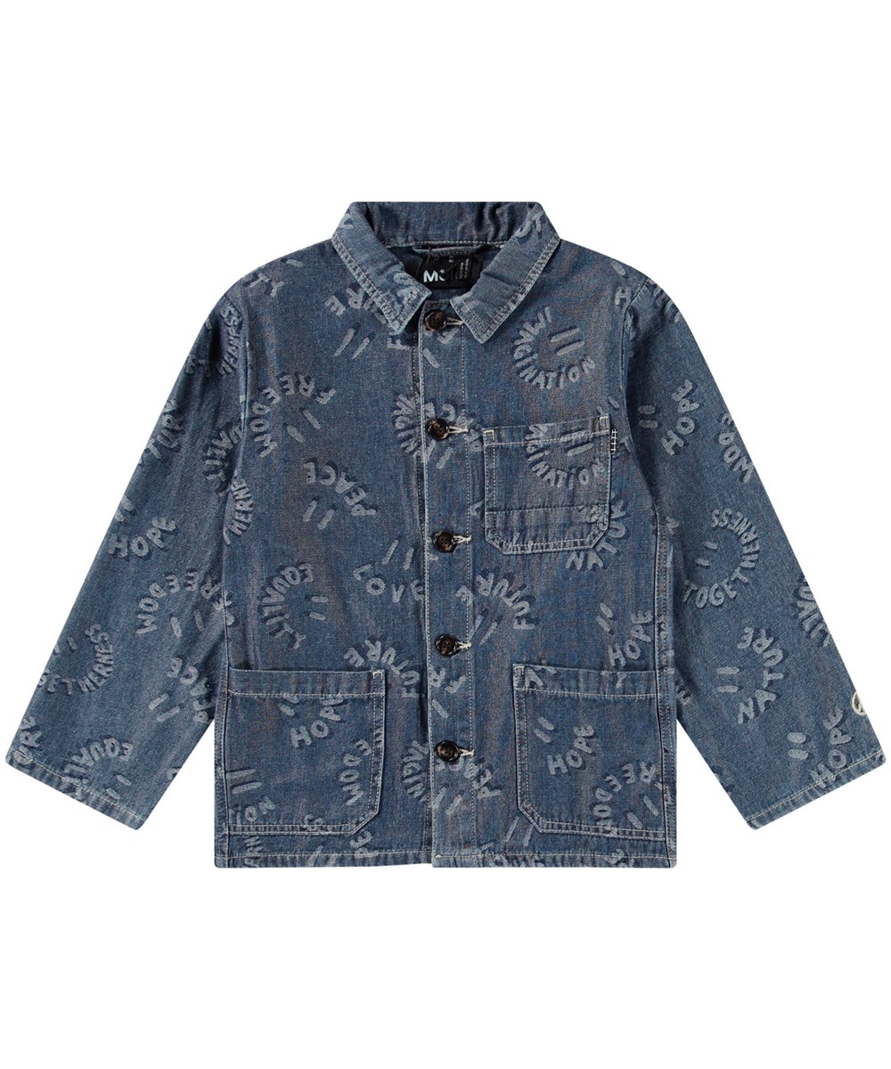 Halley - Word Smiles - Blaue Jeansjacke für Kinder aus weicher Baumwolle mit einem schönen Jacquardmuster, das lächelnde Gesichter und positive Worte wie Mund zeigt.