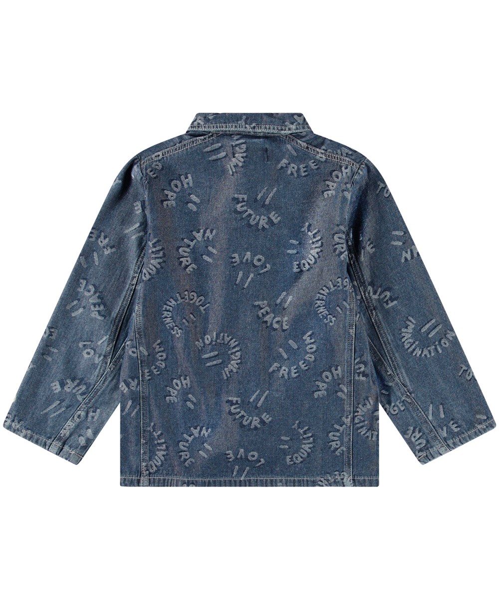 Halley - Word Smiles - Blaue Jeansjacke für Kinder aus weicher Baumwolle mit einem schönen Jacquardmuster, das lächelnde Gesichter und positive Worte wie Mund zeigt.