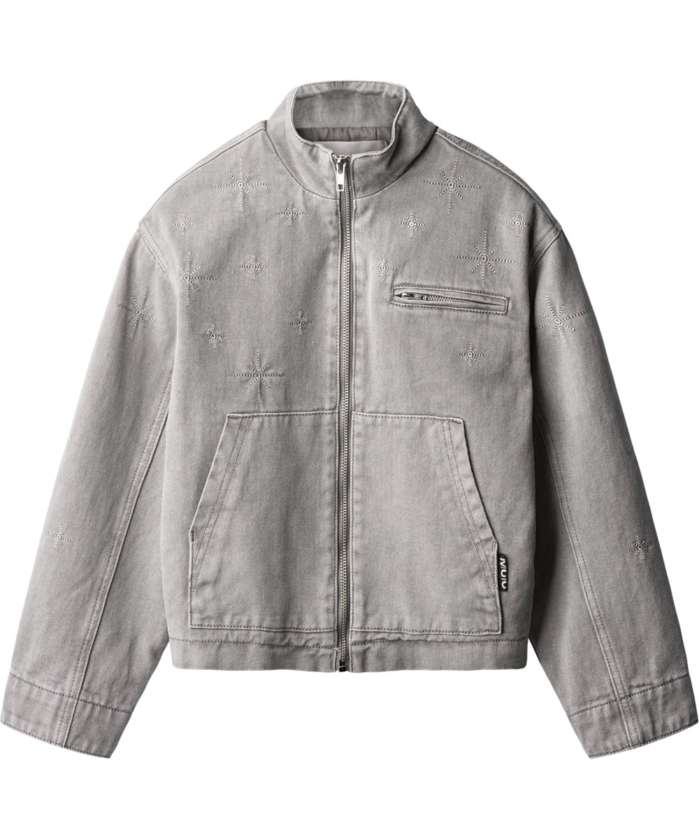 Hallie - Washed Grey - Graue Jeansjacke für Kinder mit bestickten Sternen in Silberfaden.