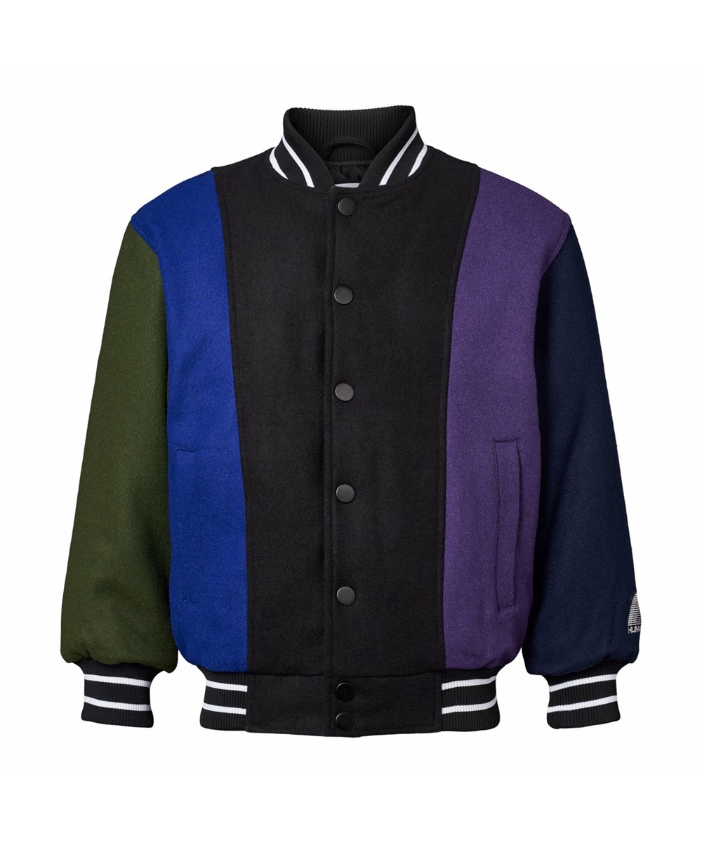 Hani - More Colours - Baseballjacke in Schwarz, Blau, Grün und Lila aus einer robusten Wollmischung.