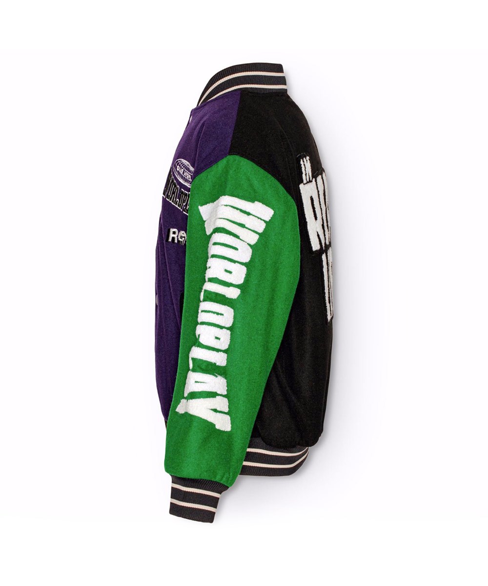 Hani - Multicolored - Kinder-Baseballjacke in grünen, gelben, grauen und lila Farben.