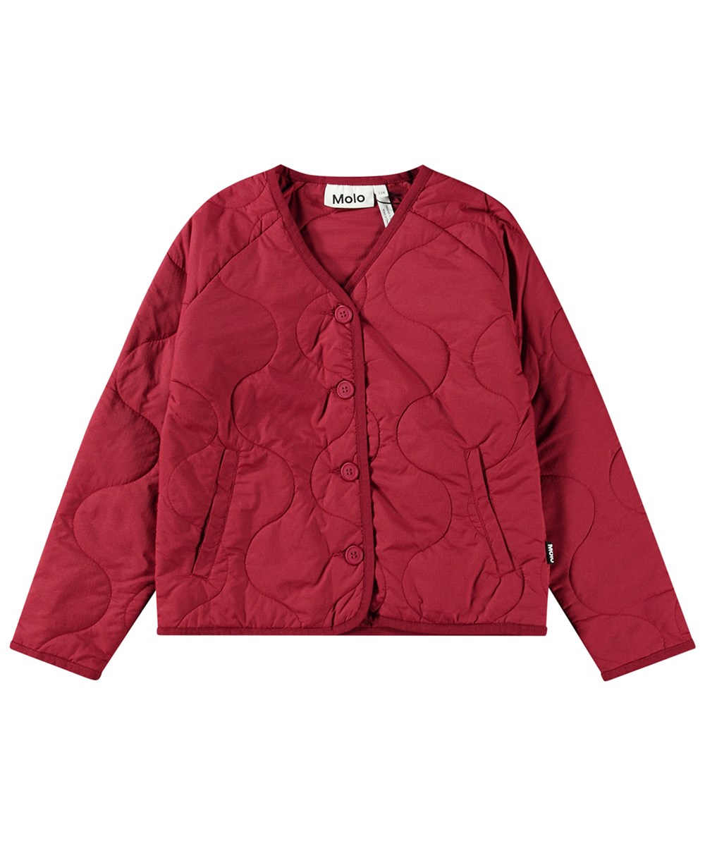 Hanna - Velvety - Dunkelroter Steppmantel mit langen Raglanärmeln und Knopfverschluss.