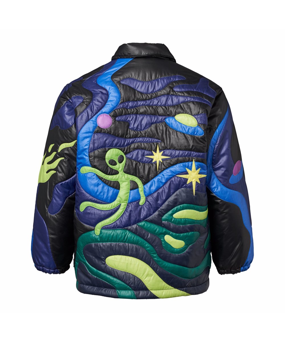 Haraldur - Space Quilt - Schwarze gesteppte Jacke für Kinder mit Weltraummonstern und Aliens in schönen Farben.