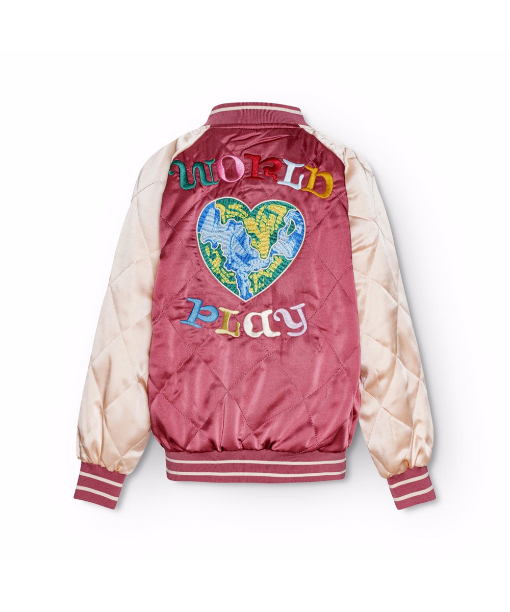 Haru - Dark Rose - Gesteppte Bomberjacke für Kinder in Burgund und Off-White mit aufgesticktem Rückenpatch.