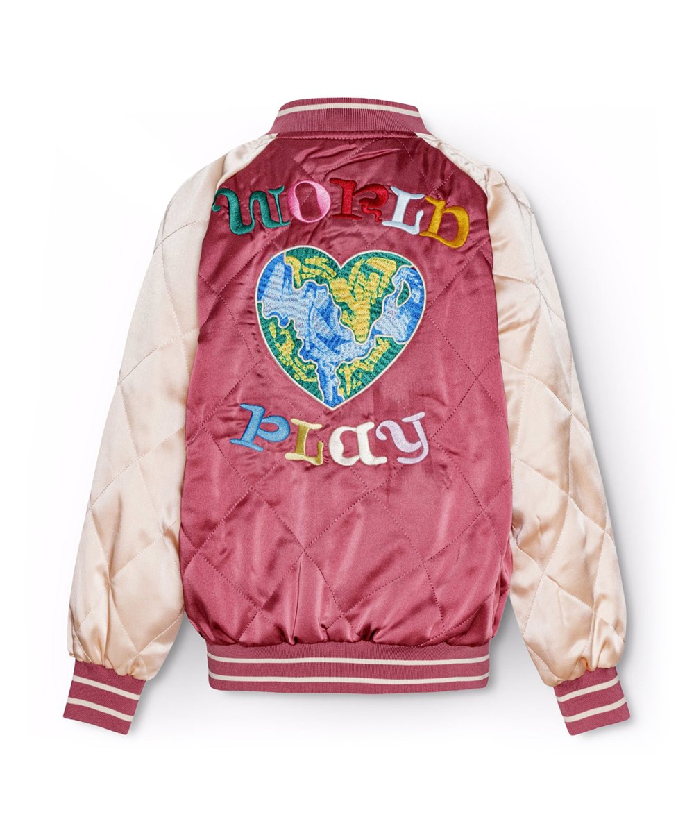 Haru - Dark Rose - Gesteppte Bomberjacke für Kinder in Burgund und Off-White mit aufgesticktem Rückenpatch.