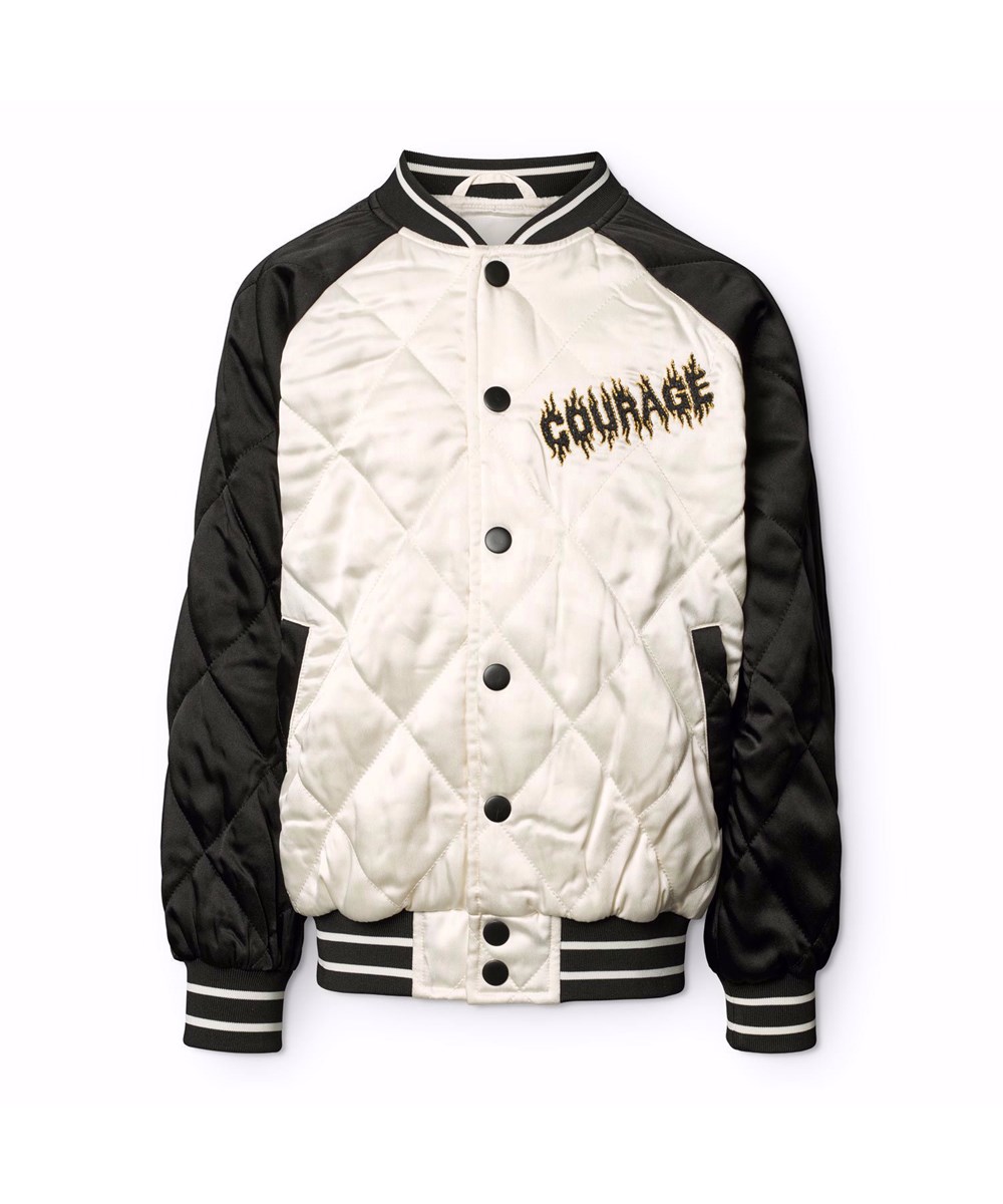 Haru - Molo-Cross - Gesteppte Bomberjacke für Kinder in Schwarz und Off-White mit einem bestickten Rückenpatch eines Motocross-Fahrers und dem Text "Courage".