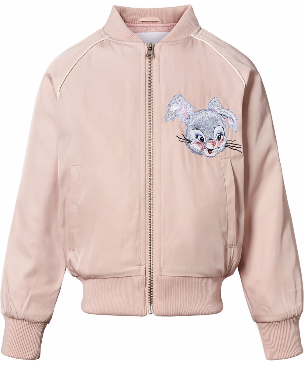 Hatty - Stay Pawsitive - Bomberjacke in Pink mit einem bestickten Rückenpatch eines niedlichen Hundes und dem Text "Stay pawsitive".