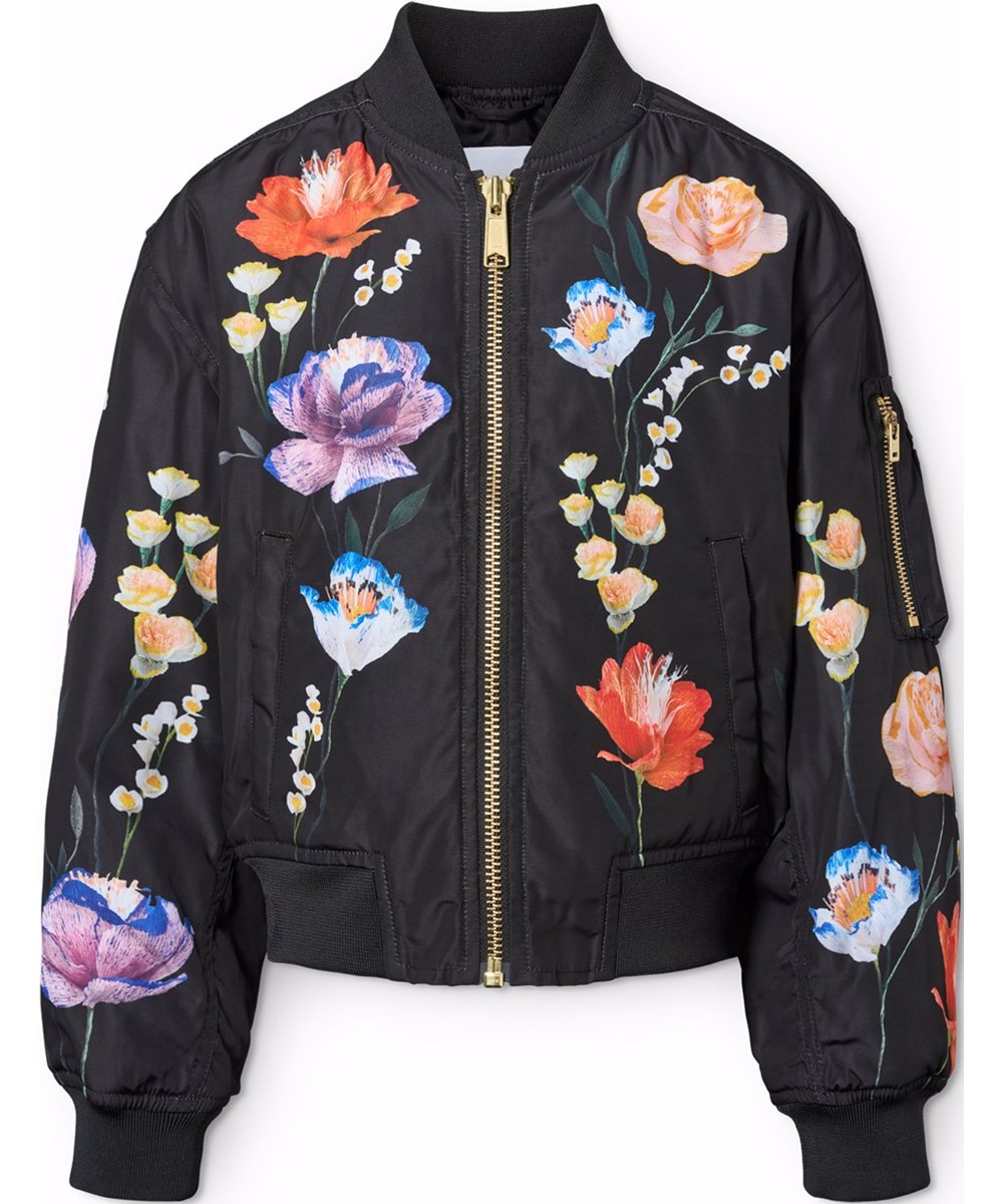 Hedia - Paper Flora - Schwarze Bomberjacke für Kinder mit buntem Blumendruck aus recyceltem Polyester.