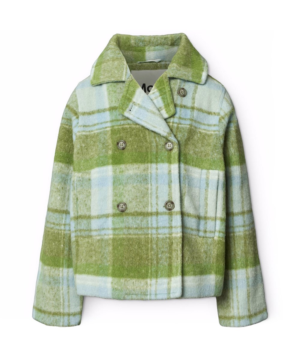 Helle - Fragile Check - Hellblaue und grüne karierte Jacke für Kinder.