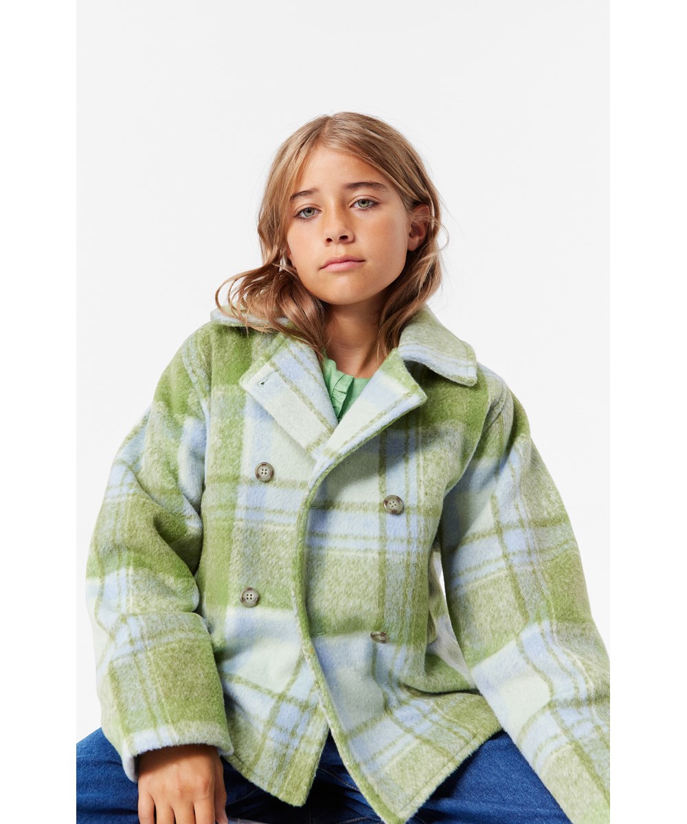 Helle - Fragile Check - Hellblaue und grüne karierte Jacke für Kinder.
