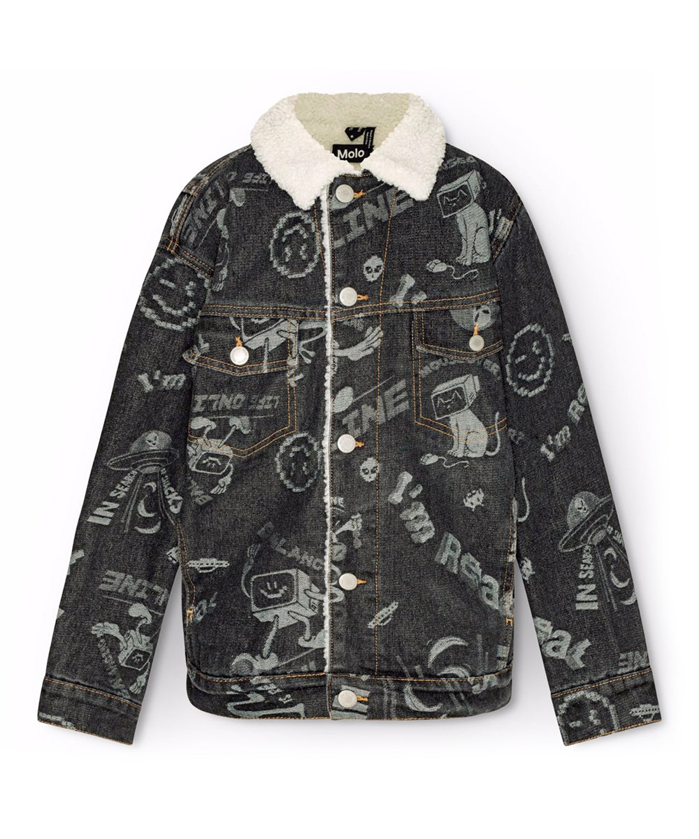 Hiro - Comic Jacquard - Stylische schwarze Jeansjacke mit einem leuchtenden Comic-Print.