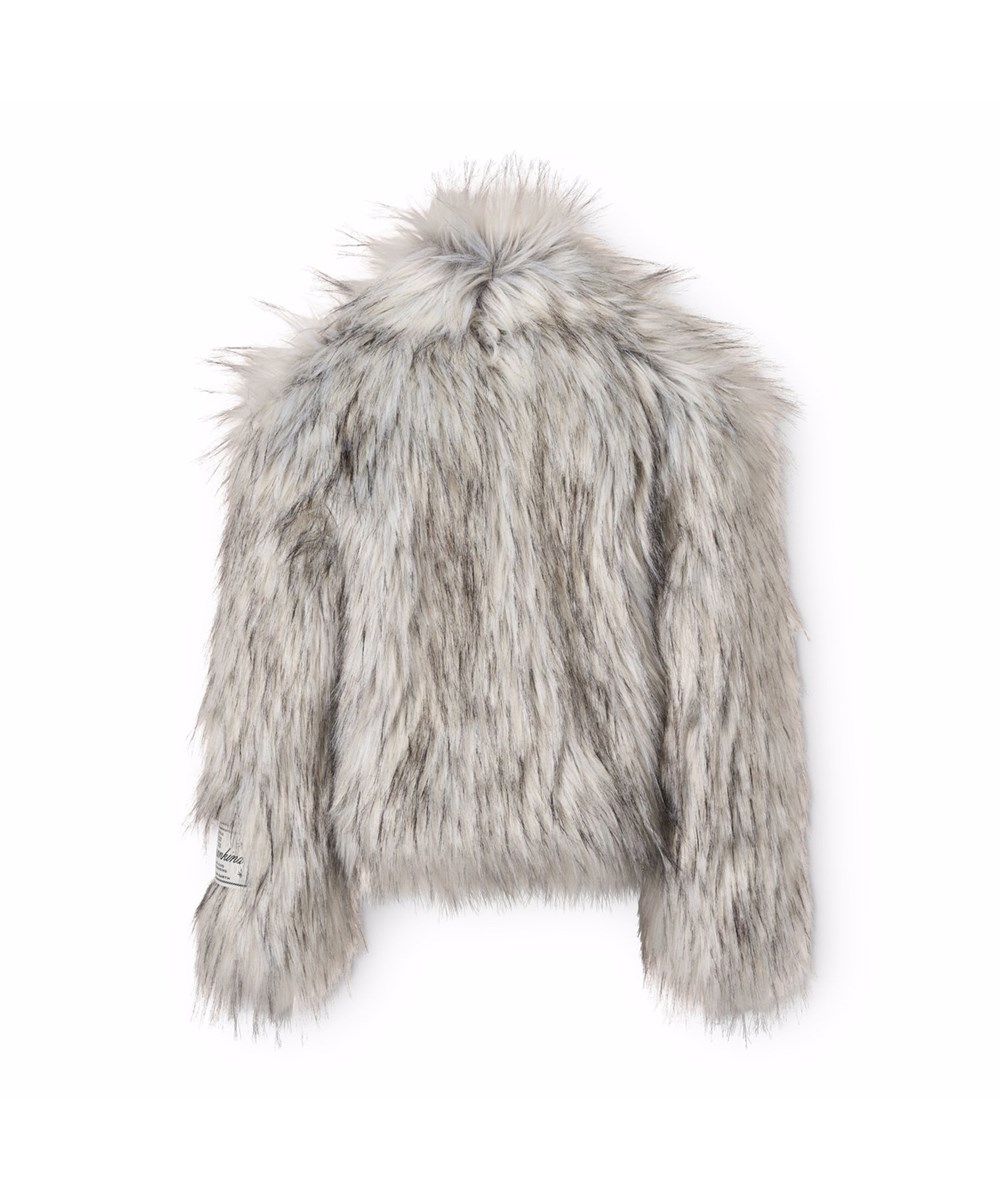 Hyacinth - Greyish - Kunstpelzjacke in Grau und Schwarz für Kinder mit hohem Kragen.