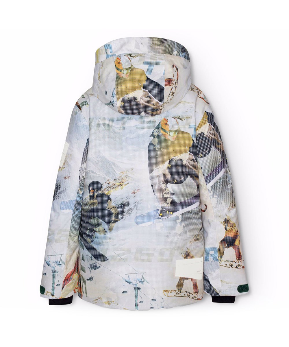 Alpine - Spin 1260 - Wind- und wasserdichte Skijacke für Kinder aus recyceltem Polyester mit einem Pixel-Print eines coolen Snowboarders in den Alpen.