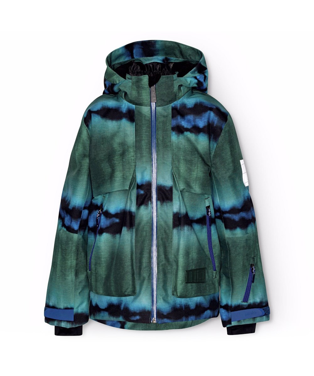 Alpine - Tie Dye Magic - Wind- und wasserdichte Skijacke für Kinder aus recyceltem Polyester in grün und blauem Batikmuster.