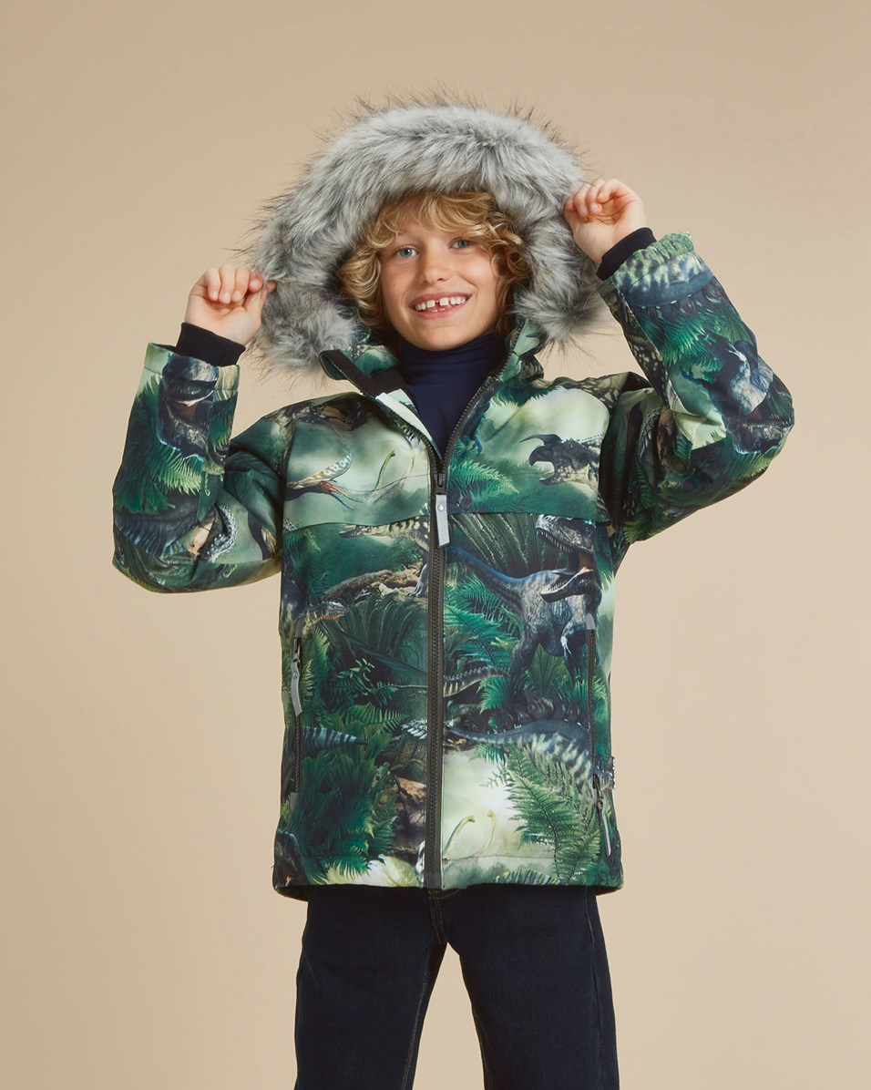 Castor Fur - Dino Forest - Recycelte grüne Winterjacke mit Dinosaurier-Print